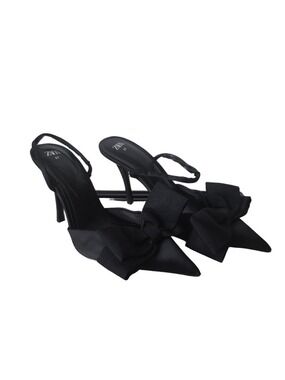 Zara Black Pointed-Toe Slingback Heels with Large Fabric Bow Size 37